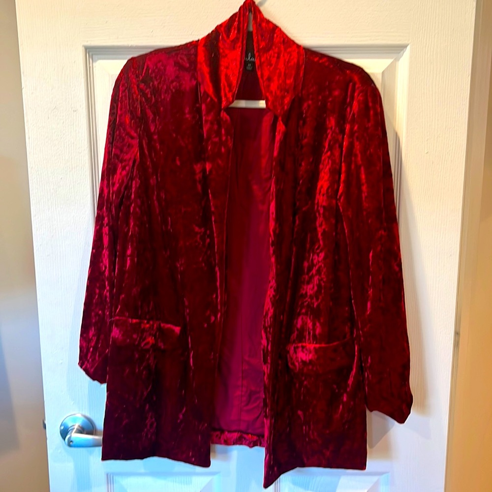 Red velvet fun, groovy, and stretchy blazer.